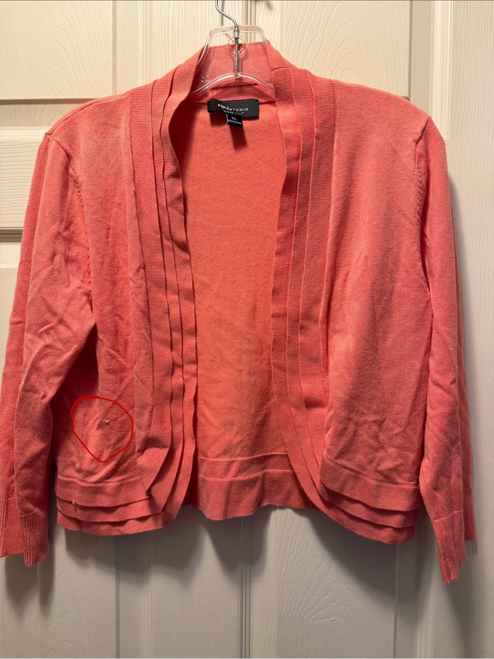 Ronni Nicole Studio Coral-Pink Open Front Pleated Trim Cardigan